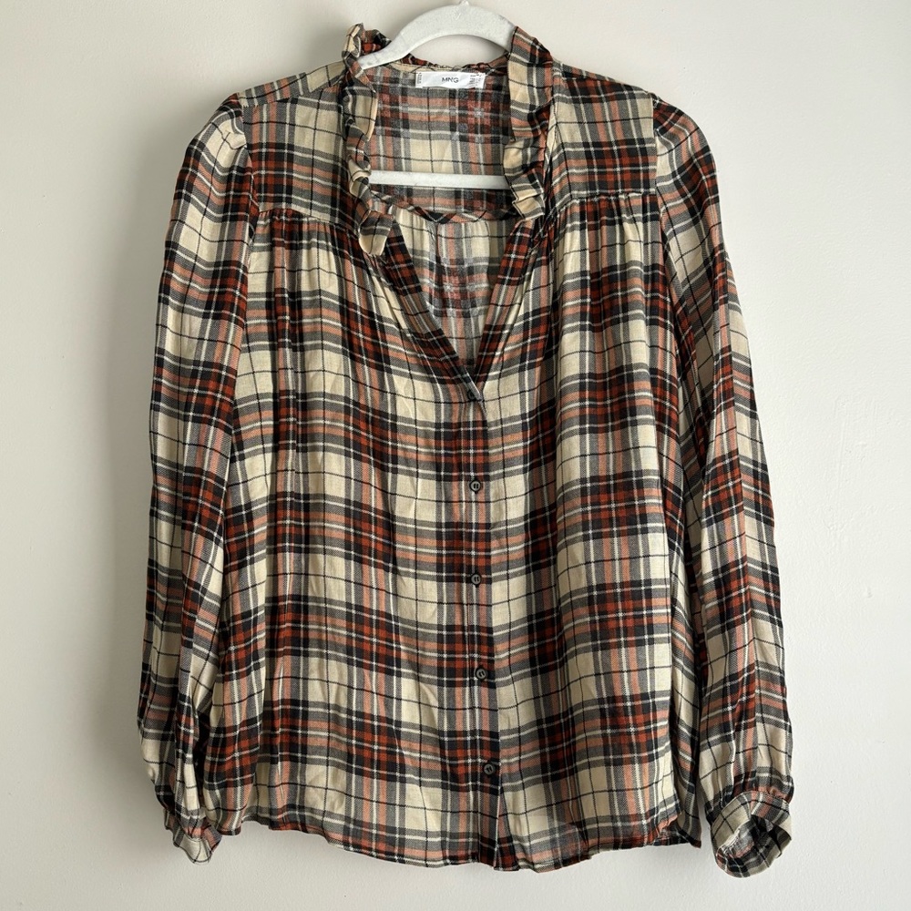 Mango Plaid Button Up Blouse